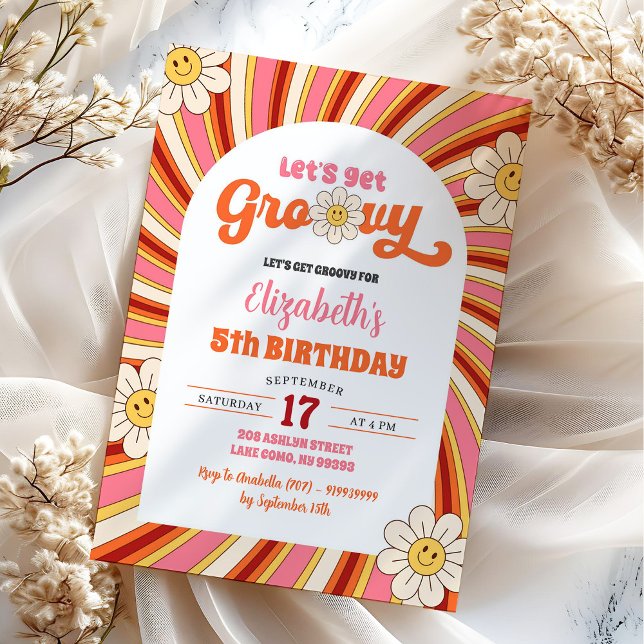 Convite Vamos de margarida retrô ganha Festa de aniversári (Criador carregado)