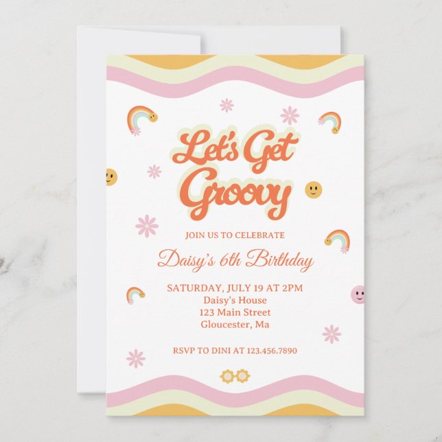 Convite Vamos de Sorrisos Retroativos Obter Groovy Anivers (Frente)