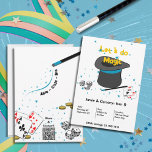 Convite Vamos do Magic Kids Joint Festa de aniversário<br><div class="desc">O cartão de convite de aniversário comum para crianças mágicas faz uma celebração de aniversário mágico preto, branco e azul. A design mostra um chapéu mágico, varinha, cartas de jogar e dados. 🖹 Insira seu texto 🎨 Editar cor de preenchimento ou de fundo e cor do elemento 📧 pesquisar sobre...</div>