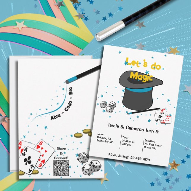 Convite Vamos do Magic Kids Joint Festa de aniversário (Let's do Magic Kids Joint Birthday Party Invitation, Black, White, Blue, Custom Text, Color)