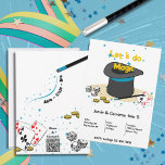 Convite Vamos do Magic Kids Joint Festa de aniversário<br><div class="desc">O cartão de convite de aniversário comum para crianças mágicas faz uma celebração de aniversário mágico preto, branco e azul. A design mostra um chapéu mágico, varinha, cartas de jogar e dados. 🖹 Insira seu texto 🎨 Editar cor de preenchimento ou de fundo e cor do elemento 📧 pesquisar sobre...</div>