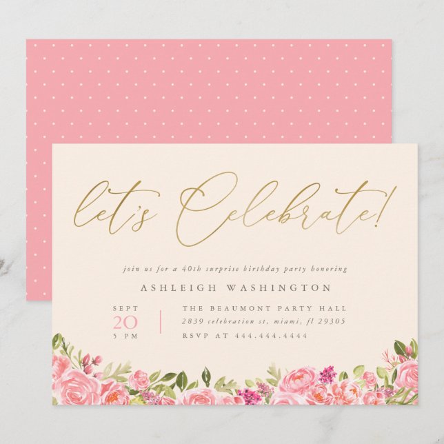 Convite Vamos Dourado Celebrar Surpresa Floral Aniversário (Frente/Verso)