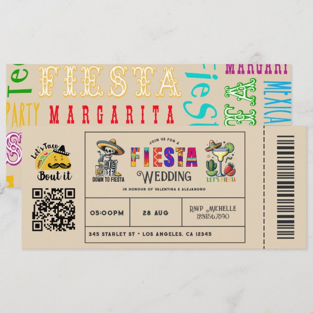 Convite "Vamos falar de Tacos" Bilhete de Casamento Fiesta (Frente/Verso)