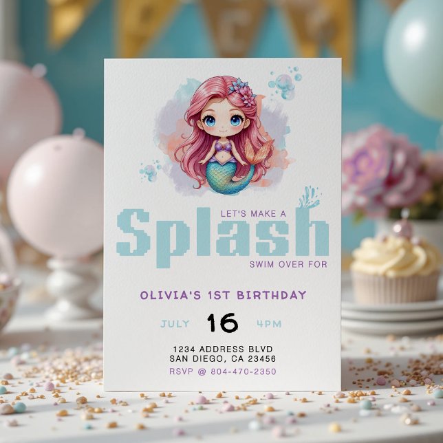 Convite Vamos faz uma Festa de aniversário de sereia de ga (Let's Make a Splash Girls Mermaid Birthday Party Invitation
)
