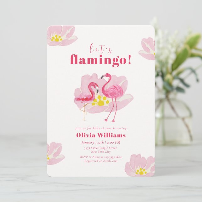 Convite Vamos Fazer um Chá de Bebê Flamingo Tropical Flori (Em pé/Frente)