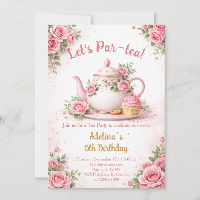 Convite Vamos fazer um chá Par-tea Bule Floral Rosa Aniver (Frente)