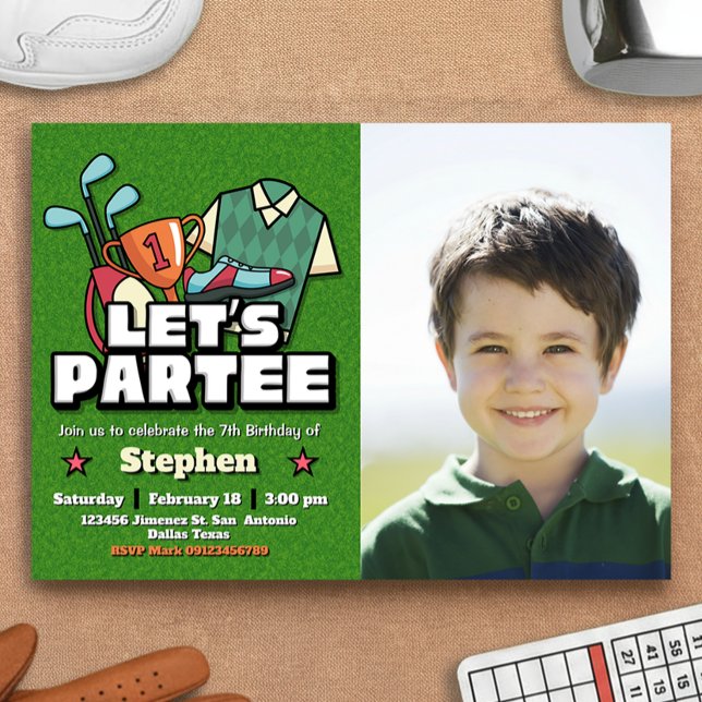 Convite Vamos Festejar - Aniversário de Golfe com Paisagem (Lets Partee - Golf Birthday with Photo Landscape Invitation)