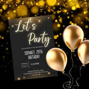 Convite Vamos Festejar Balão Preto e Dourado de Aniversári