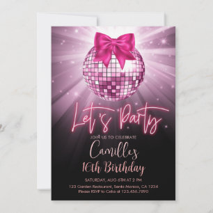 Convite Vamos festejar Bola de Disco   laço rosa Aniversár