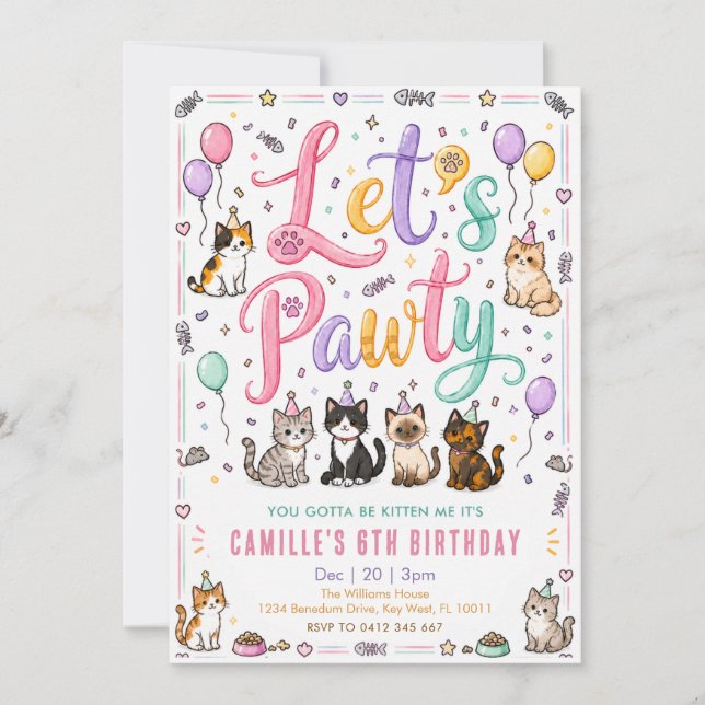 Convite Vamos Festejar Gatinho Cumpleaños Aguarela (Frente)