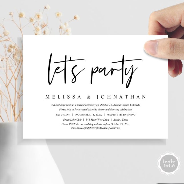 Convite Vamos Festejar, Jantar de Elopamento de Casamento  (Let's Party, Post Wedding Elopement Dinner and Party Celebration Invitation Card, in Black and White)