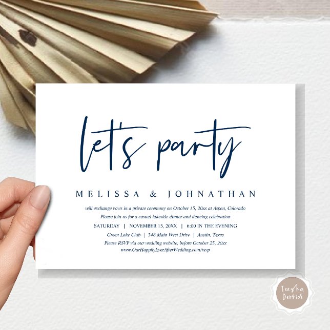 Convite Vamos Festejar, Jantar de Elopamento de Casamento  (Let's Party, Post Wedding Elopement Dinner and Party Celebration Invitation Card, in Navy Blue)