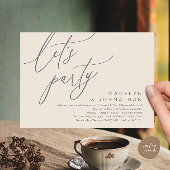 Convite Vamos Festejar, Jantar Romântico de Casamento e Da (Let's Party, Romantic Charm Wedding Dinner Dancing Lunch Brunch Invitation Card PDF Cream grey)