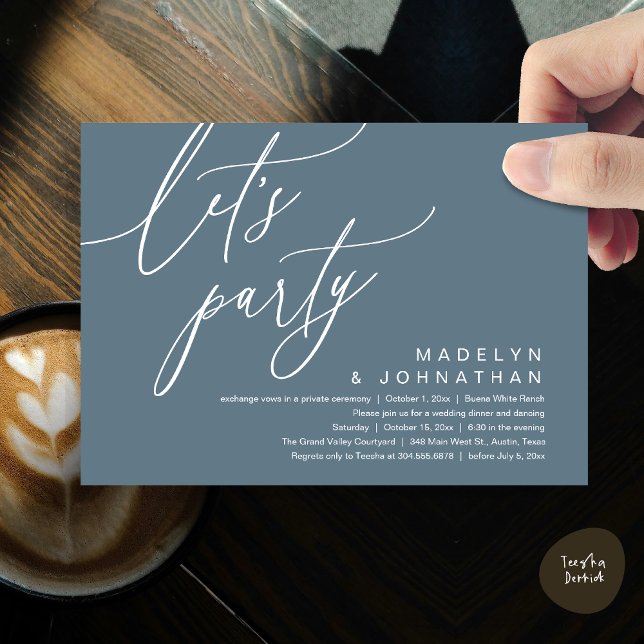 Convite Vamos Festejar, Jantar Romântico de Casamento e Da (Let's Party, Romantic Charm Wedding Dinner Dancing Lunch Brunch Invitation Card PDF Dusty Blue)