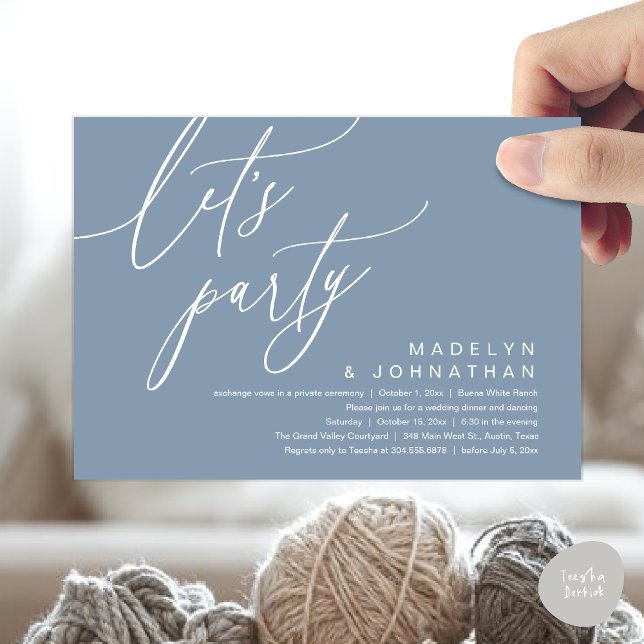 Convite Vamos Festejar, Jantar Romântico de Casamento e Da (Let's Party, Romantic Charm Wedding Dinner Dancing Lunch Brunch Invitation Card PDF Dusty Blue)