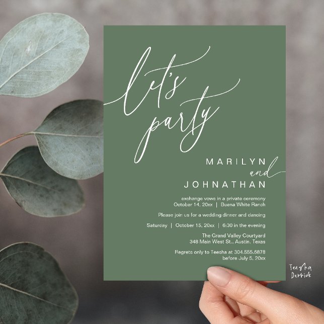 Convite Vamos Festejar, Recepção de Casamento Romântico Mo (Let's Party, Modern Romantic Wedding Reception Dinner Invitation Card in Sage Green)