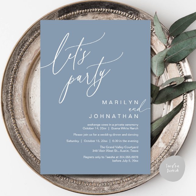 Convite Vamos Festejar, Recepção de Casamento Romântico Mo (Let's Party, Modern Romantic Wedding Reception Dinner Invitation Card in Dusty Blue)