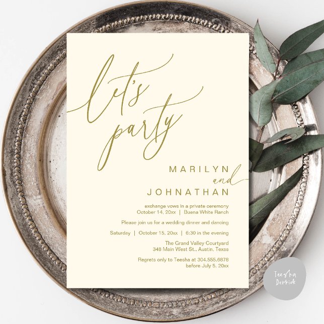 Convite Vamos Festejar, Recepção de Casamento Romântico Mo (Let's Party, Modern Romantic Wedding Reception Dinner Invitation Card in Yellow Cream)