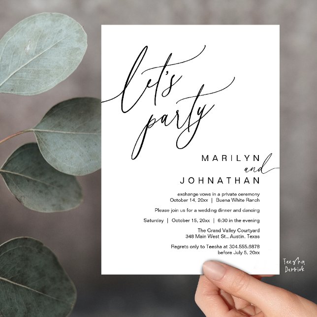 Convite Vamos Festejar, Recepção de Casamento Romântico Mo (Let's Party, Modern Romantic Wedding Reception Dinner Invitation Card in Black and White)