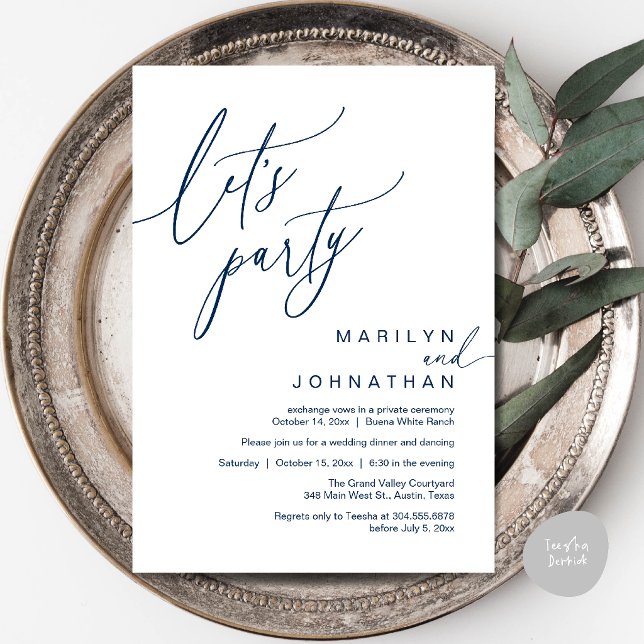 Convite Vamos Festejar, Recepção de Casamento Romântico Mo (Let's Party, Modern Romantic Wedding Reception Dinner Invitation Card in Navy Blue)
