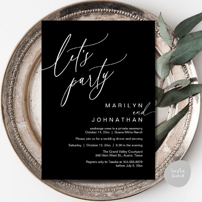 Convite Vamos Festejar, Recepção de Casamento Romântico Mo (Let's Party, Modern Romantic Wedding Reception Dinner Invitation Card in Classy Black)