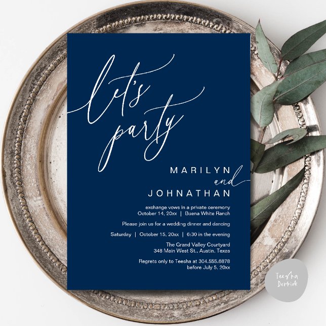 Convite Vamos Festejar, Recepção de Casamento Romântico Mo (Let's Party, Modern Romantic Wedding Reception Dinner Invitation Card in Navy Blue)