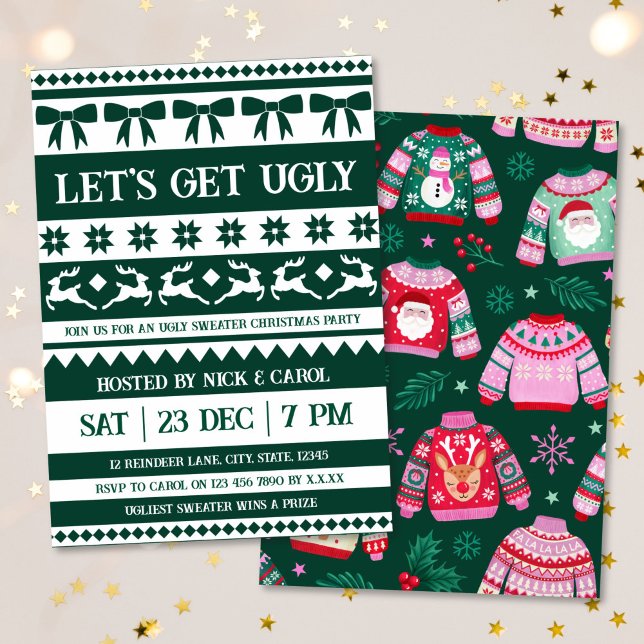 Convite Vamos fica feio de Natal suado, verde escuro (Let's Get Ugly Christmas Ugly Sweater Dark Green Invitation)