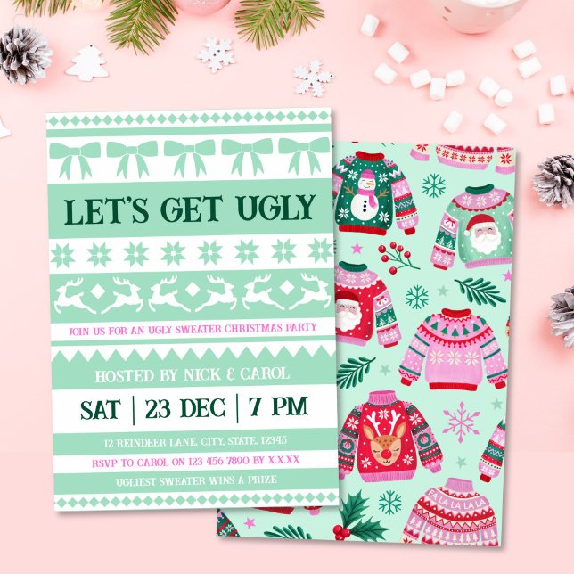 Convite Vamos fica feio natal doce doce verde (Let's Get Ugly Christmas Ugly Sweater Mint Green Invitation)