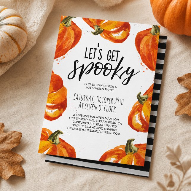 Convite Vamos Ficar Assustadores Abóbora Aquarela Hallowee (Celebrate the season with this cheerful “Let’s Get Spooky” Halloween party invitation. )