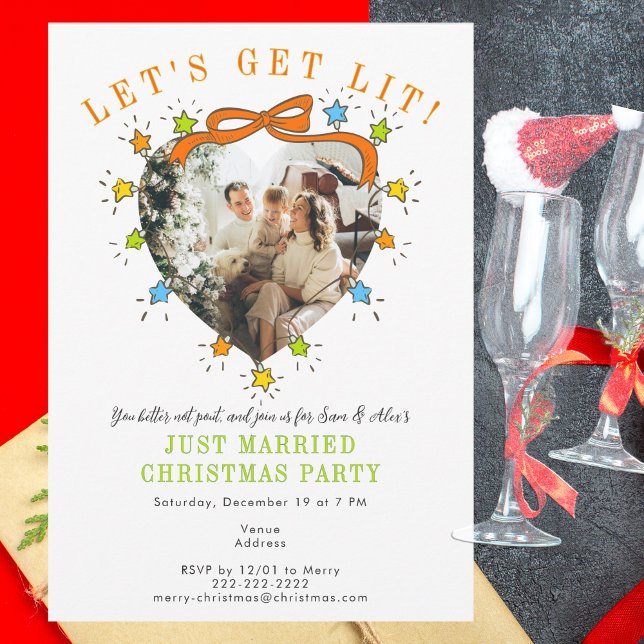 Convite Vamos Ficar Bêbados! Festa de Natal de Casamento F (Let’s Get Lit! Just Married Photo Christmas Open House Cocktail Party Newlywed Gathering Engagement)