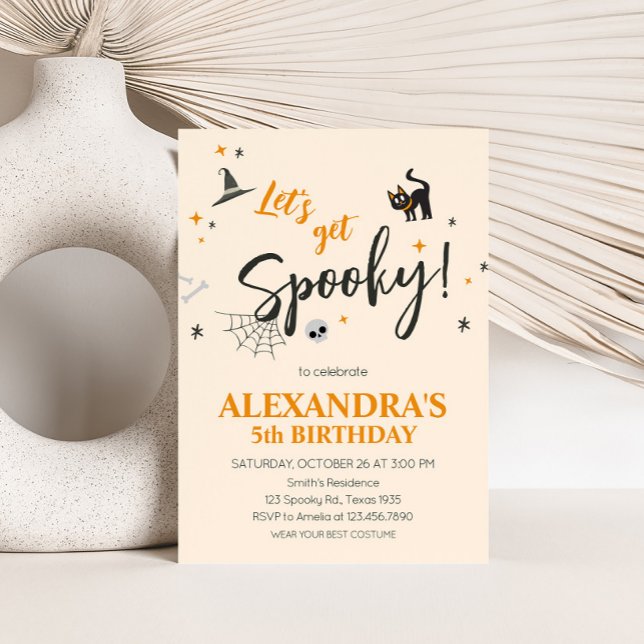 Convite Vamos Ficar Festa de aniversário de Dia das Bruxas (Cat Lets Get Spooky Halloween Birthday Party Invitation)