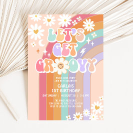 Convite Vamos Ficar Groovy Daisy Arco-Íris Aniversário Ret