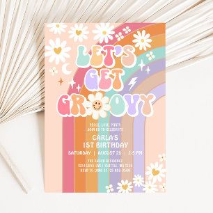 Convite Vamos Ficar Groovy Daisy Arco-Íris Aniversário Ret