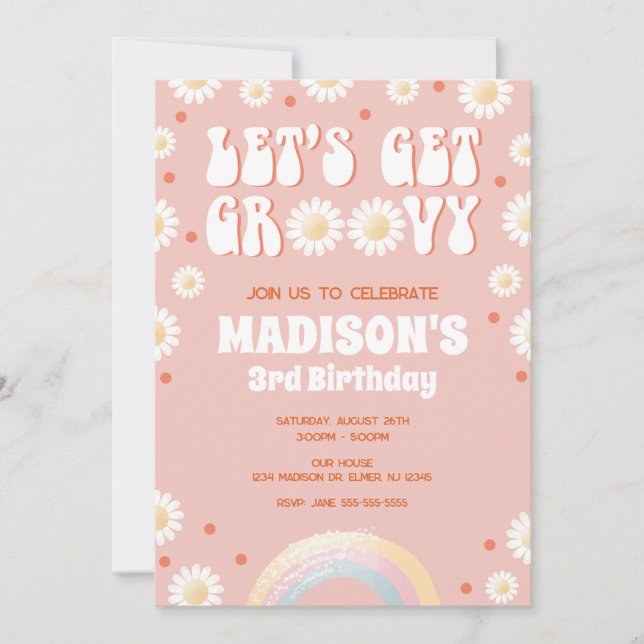 Convite Vamos Ficar Groovy Daisy Arco-Íris Aniversário Ret (Frente)