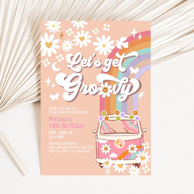 Convite Vamos Ficar Groovy Rosa Van Groovy Daisy Aniversár (Criador carregado)
