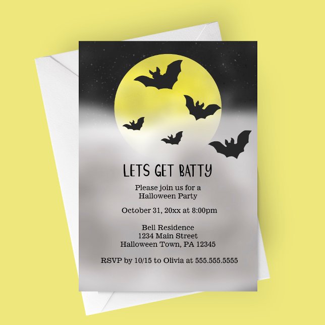 Convite Vamos Ficar Loucos Festa de Halloween (Let's Get Batty | Bat Themed Halloween Party Invitation | Full Moon Foggy Night)