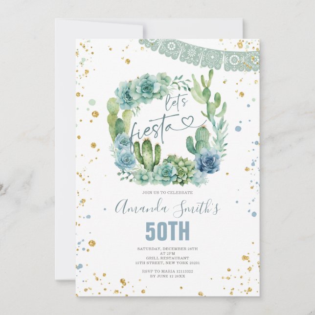 Convite Vamos Fiesta Blue Cactus Floral Qualquer Idade Ani (Frente)