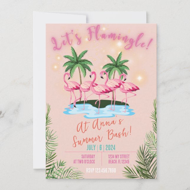 Convite Vamos Flamingle! Flamingo Theme Summer Bash Invite (Frente)