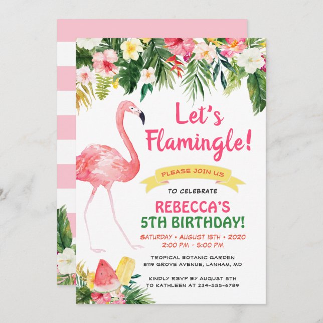 Convite Vamos Flamingle Floral Summer Aniversário de crian (Frente/Verso)