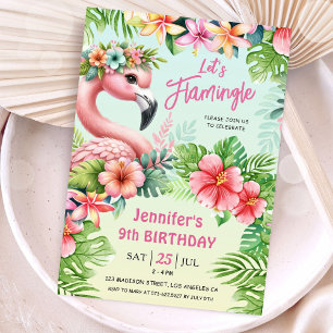 Convite Vamos Flamingle Meninas Flamingo Rosa 9º Aniversár