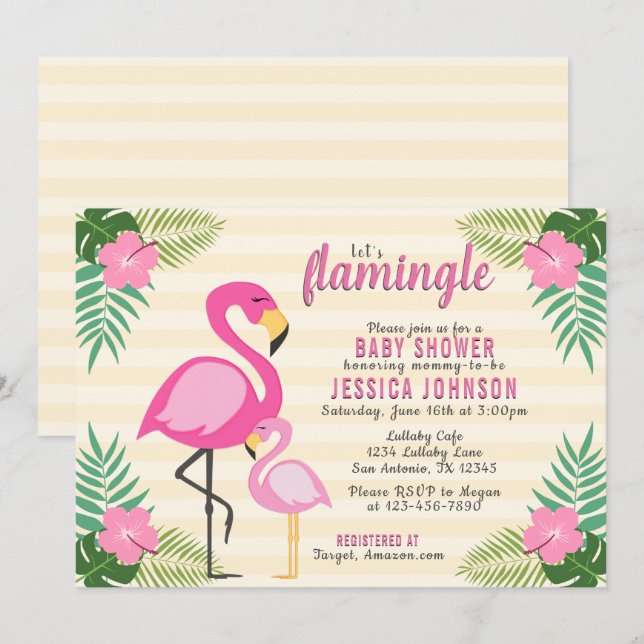 Convite Vamos Flamingle Pink Flamingo Chá de fraldas (Frente/Verso)