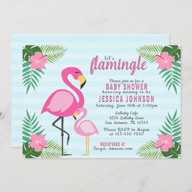Convite Vamos Flamingle Pink Flamingo Chá de fraldas (Frente/Verso)