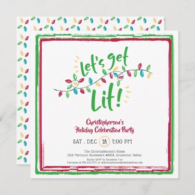 Convite VAMOS GET LIT | Luzes de férias | Férias (Frente/Verso)