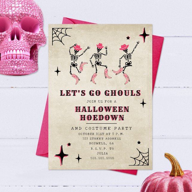 Convite Vamos Go Ghouls Skeleton Pink Halloween Party (Criador carregado)
