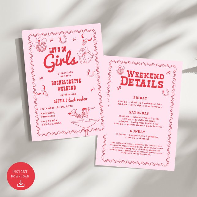 Convite Vamos Go Girls Cowgirl Pink and Red Bachelorette (Criador carregado)