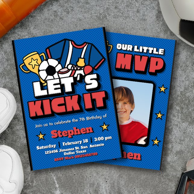 Convite Vamos Kick It - Futebol com foto (Let's Kick It - Football Soccer with Photo Picture Invitation)