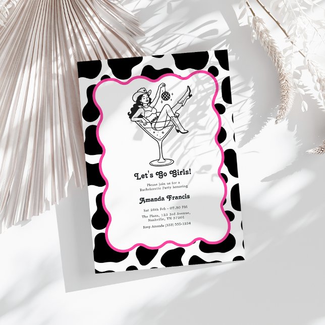Convite Vamos Lá Garotas Caubói Martini Despedida de Solte (Let's Go Girls Cowgirl Martini Bachelorette Party Invitation)
