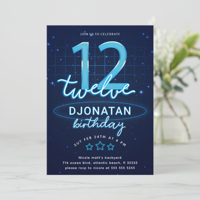 Convite Vamos Neon-12 Azul Festa de aniversário Brilhante (Em pé/Frente)