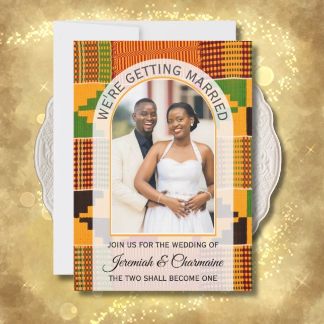 CONVITE VAMOS NOS CASAR CASAMENTO GANÊS COM KENTE (Kente wedding invitation with arch photo template and QR code.)