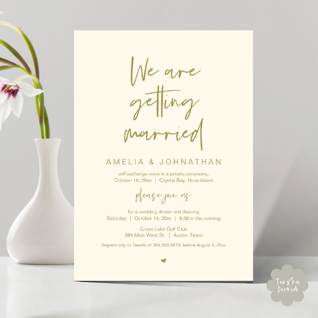 Convite Vamos nos casar, Elopement Janta Dançando (We are getting married, Elopement Dinner Dancing Invitation Card PDF Yellow Gold)